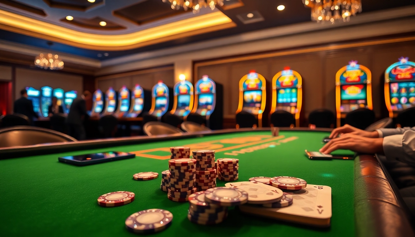 S8 players enjoy a thrilling poker game amidst stylish casino vibes and glowing slot machines.