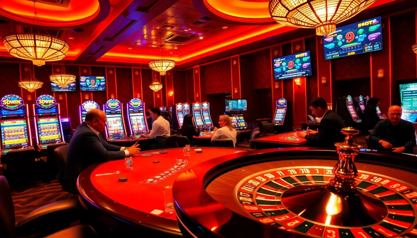 nhà cái 9WIN players enjoying live table games in a luxurious casino atmosphere
