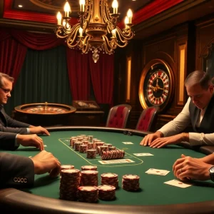 Players strategize at a kp88-themed poker table amidst a luxurious casino atmosphere.