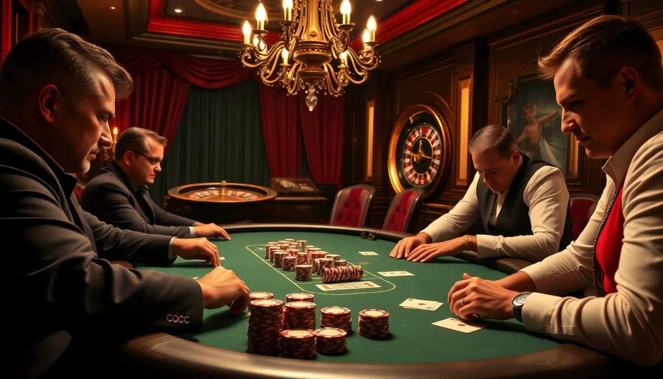 Players strategize at a kp88-themed poker table amidst a luxurious casino atmosphere.