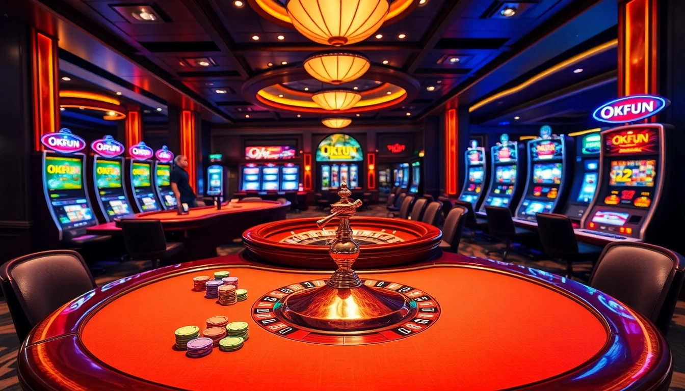 Engaging poker action at the OKFUN casino table with colorful chips and cards.