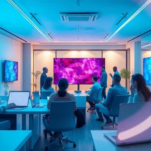 Creative minds collaborate on NSFW AI image generation in a futuristic workspace.