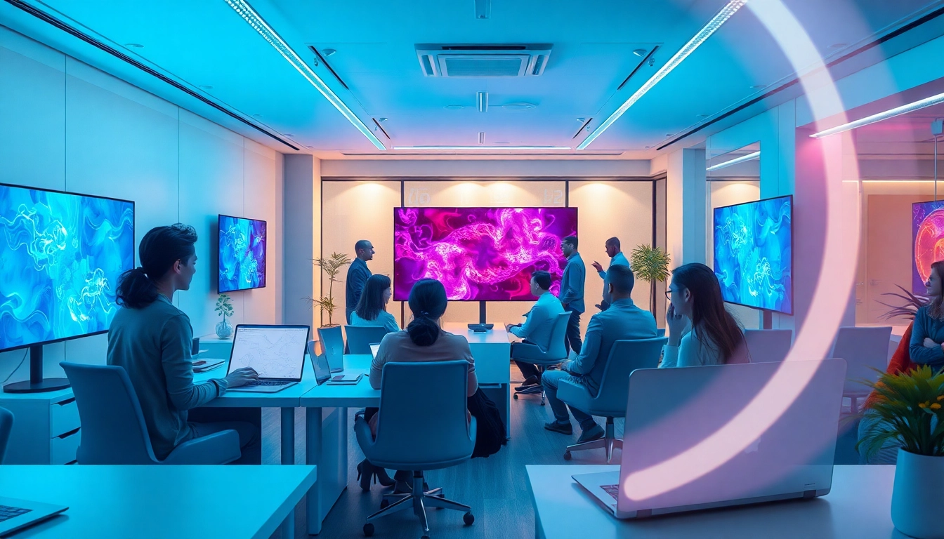 Creative minds collaborate on NSFW AI image generation in a futuristic workspace.