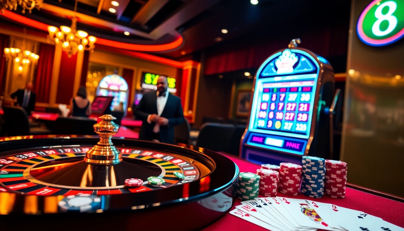 Players enjoying high-stakes games at Luck8's luxurious casino scene with roulette and slot machines.