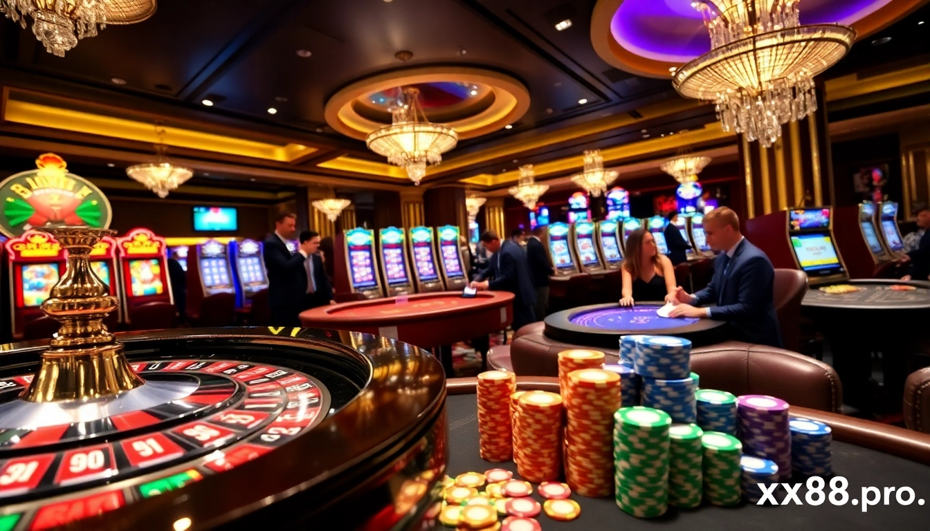 Experience the thrill of gambling at xx88.pro with a vibrant casino scene featuring roulette and blackjack tables.