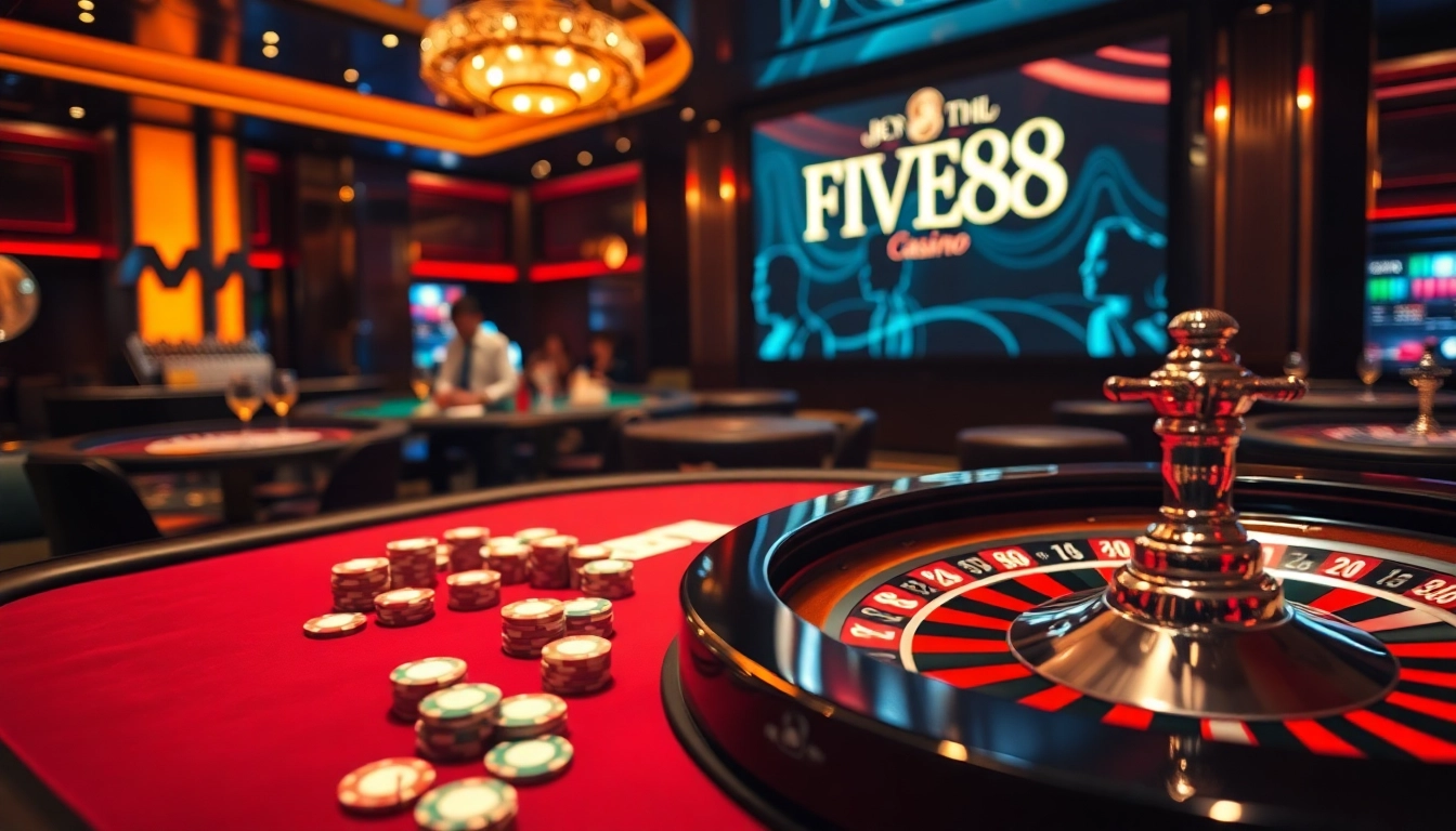 Experience the excitement of FIVE88 with luxurious poker tables and vibrant games.