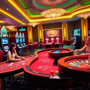 MM88 casino players engaged in thrilling games with vibrant slot machines and poker tables.