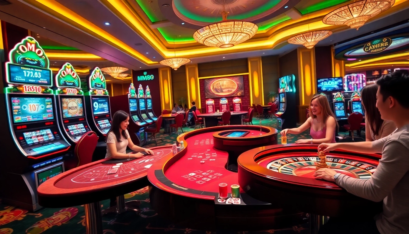 MM88 casino players engaged in thrilling games with vibrant slot machines and poker tables.