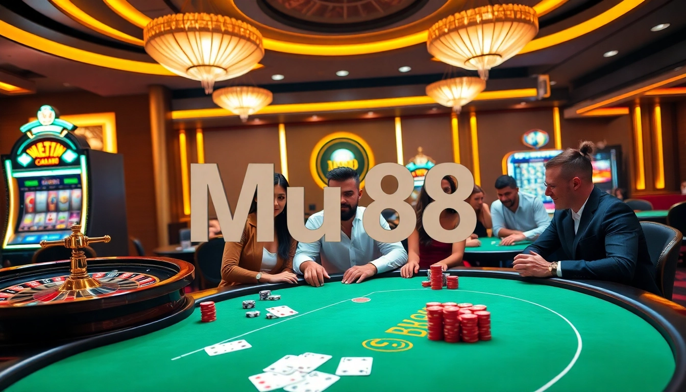 Mu88 casino scene with gamblers playing blackjack and roulette in a luxurious atmosphere.