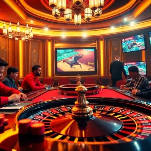 Engaging players at BJ88's poker table with vibrant chips and exciting gambling atmosphere.