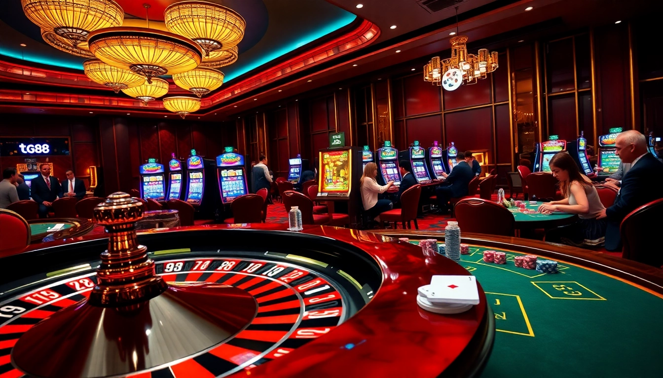 Experience the excitement of tg88 with vibrant games, shining roulette wheels, and engaging gamblers.