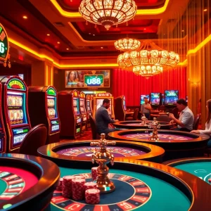 Experience the thrill of u88 as players enjoy vibrant slot machines in a luxurious casino.