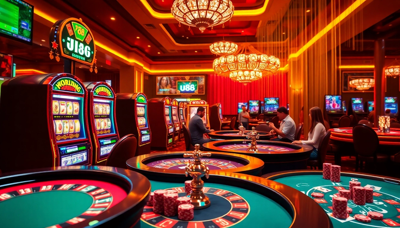 Experience the thrill of u88 as players enjoy vibrant slot machines in a luxurious casino.