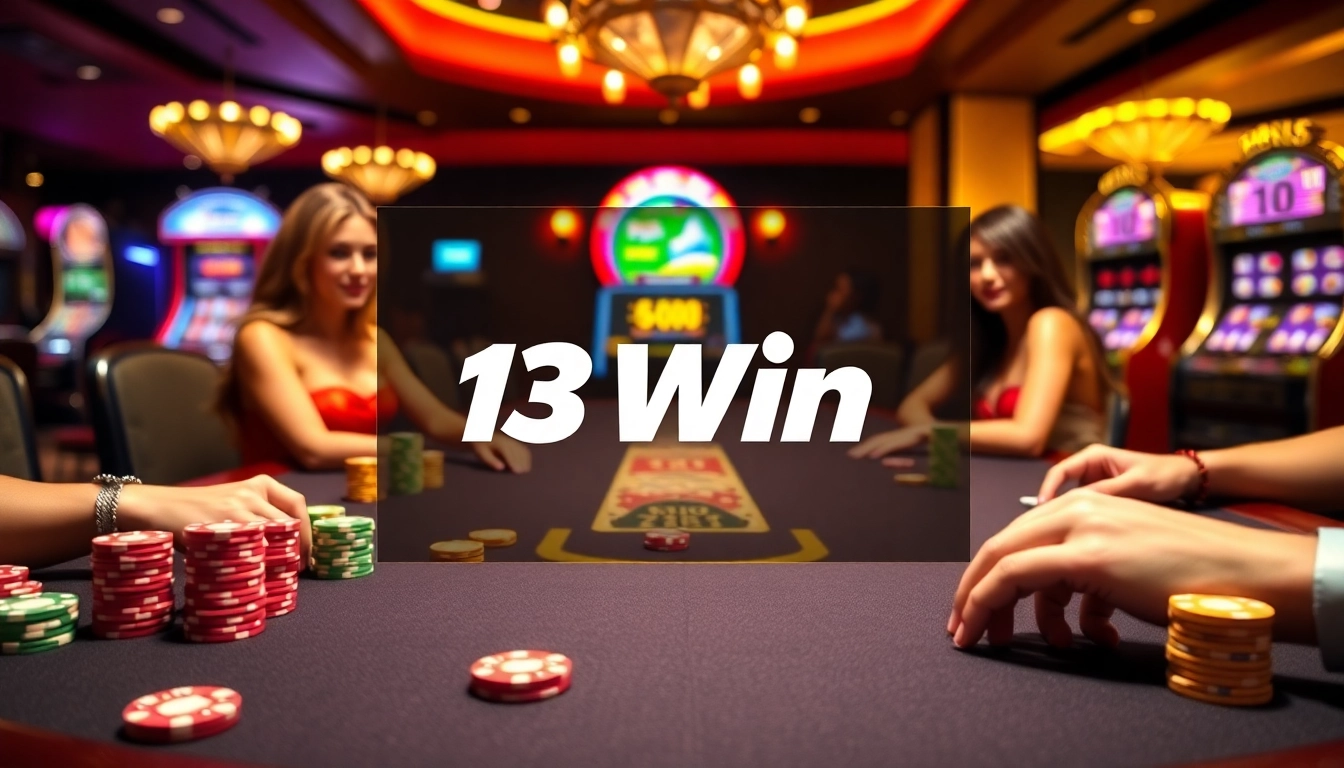 Glamorous casino scene with players at poker table featuring 13Win logo and vibrant stakes.