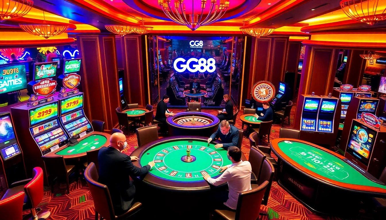 Engaging GG88 online casino scene featuring players at poker tables and vibrant slot machines.