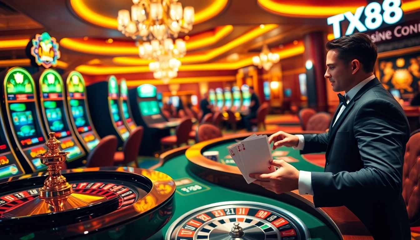 Gambling excitement in a luxury casino featuring TX88-themed slot machines and poker tables.