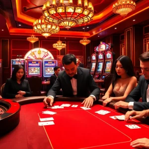 SX 88 casino scene featuring luxurious roulette wheels, poker players, and vibrant slot machines.