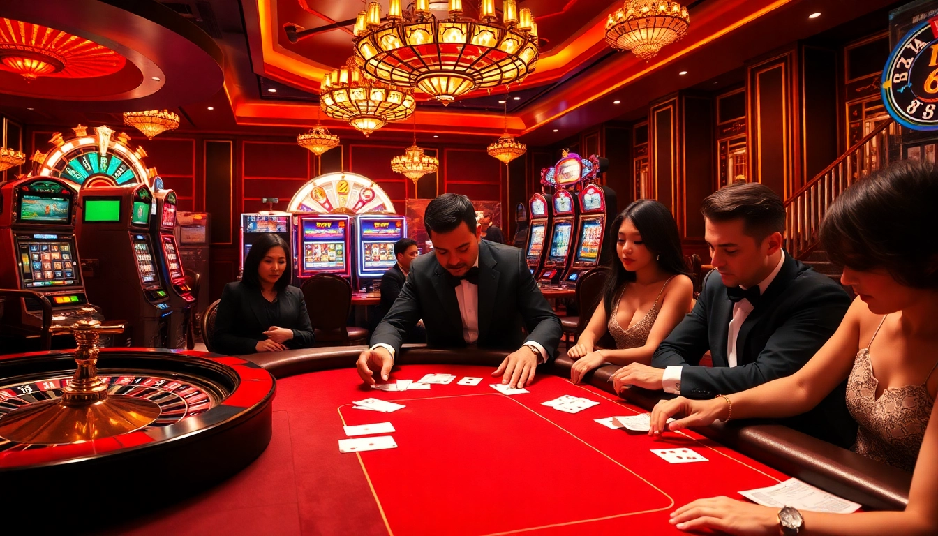 SX 88 casino scene featuring luxurious roulette wheels, poker players, and vibrant slot machines.