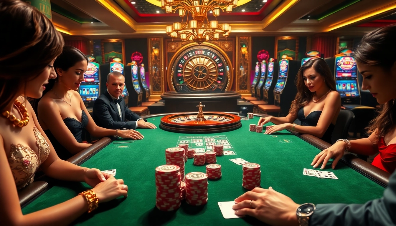 Players enjoying high-stakes poker at Fly88 casino, showcasing excitement and luxury.