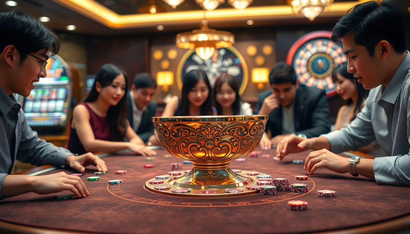 Xóc đĩa game in action at a casino table, vibrant chips and players engaged.