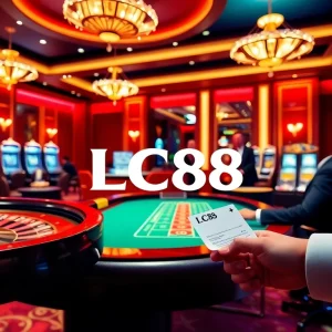 Experience the excitement of gambling at LC88 with a luxurious casino scene featuring poker and slot machines.