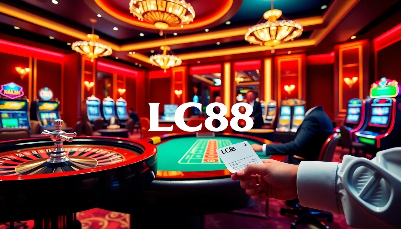 Experience the excitement of gambling at LC88 with a luxurious casino scene featuring poker and slot machines.