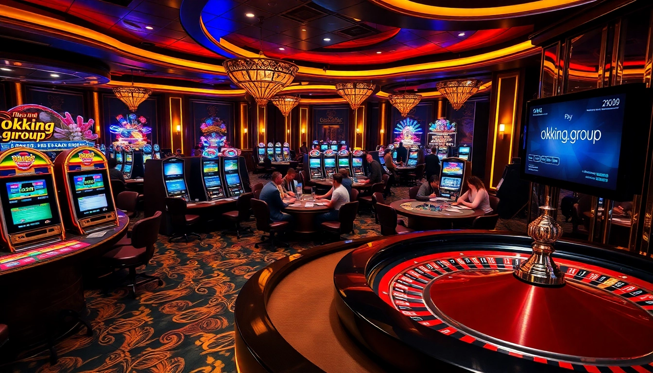 Engage with thrilling games at okking.group's luxury casino experience featuring vibrant slot machines and poker tables.