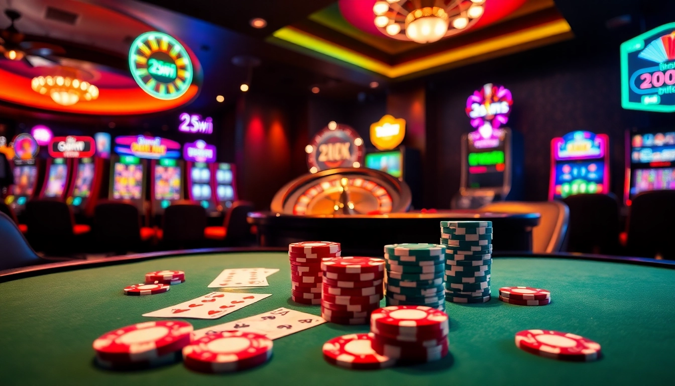 Players enjoying thrilling games at 23win casino, showcasing poker chips and a roulette wheel.