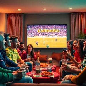 Excited fans watching a live football match on Vaoluoitv.it.com in their cozy living room.