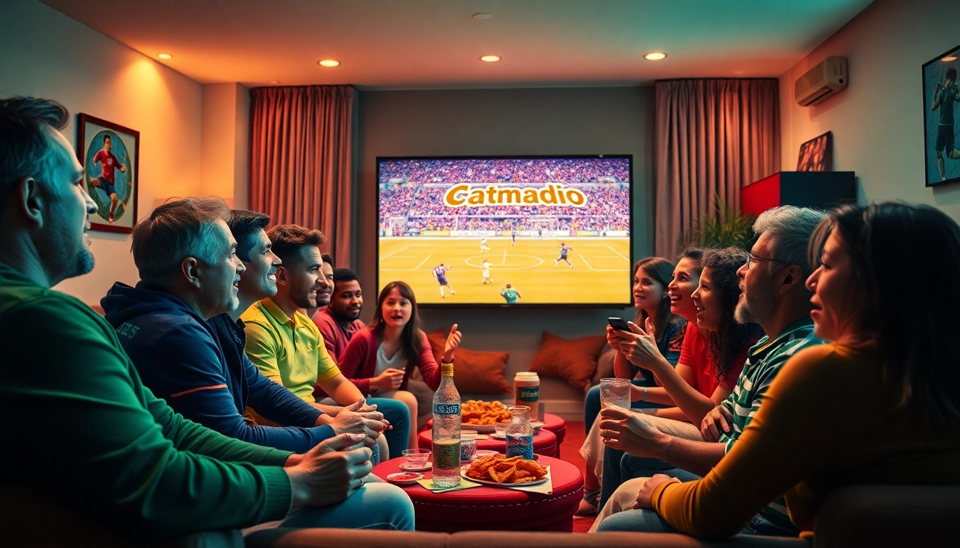 Excited fans watching a live football match on Vaoluoitv.it.com in their cozy living room.