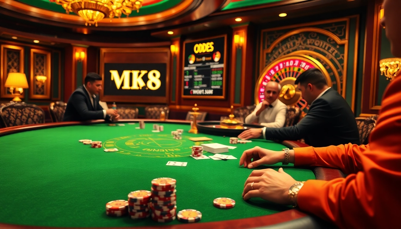 Players strategizing at an upscale casino table featuring MK 8 betting options in a luxurious setting.