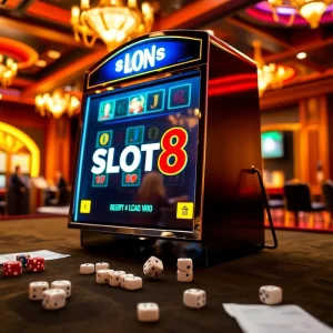 SLOTS8 slot machine in a luxurious casino, highlighting vibrant gambling energy and excitement.