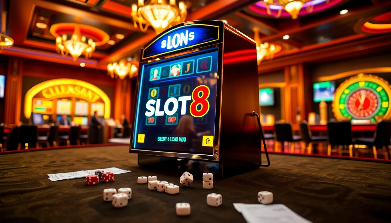 SLOTS8 slot machine in a luxurious casino, highlighting vibrant gambling energy and excitement.