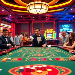 Tài xỉu MD5 table with players engaging in a strategic dice game at a vibrant casino.