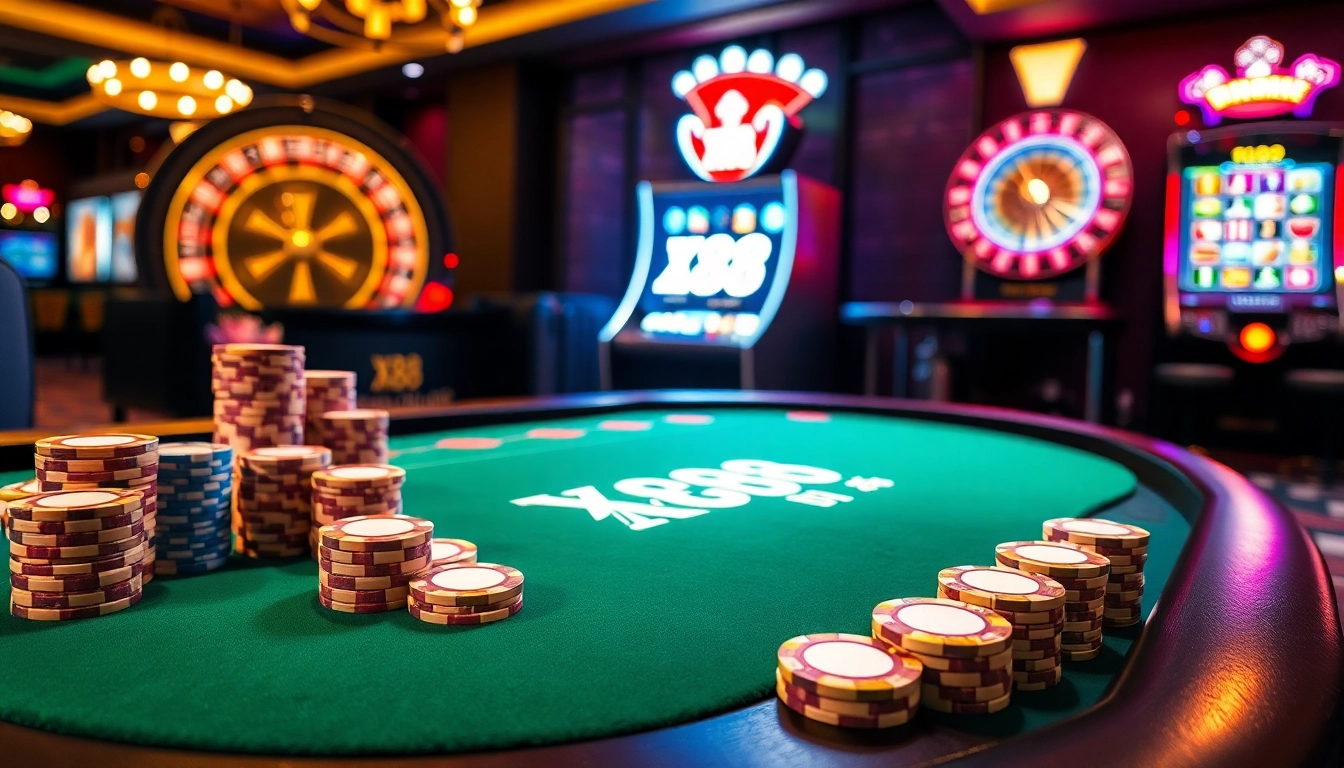X88 poker table filled with chips and cards in an elegant casino atmosphere.