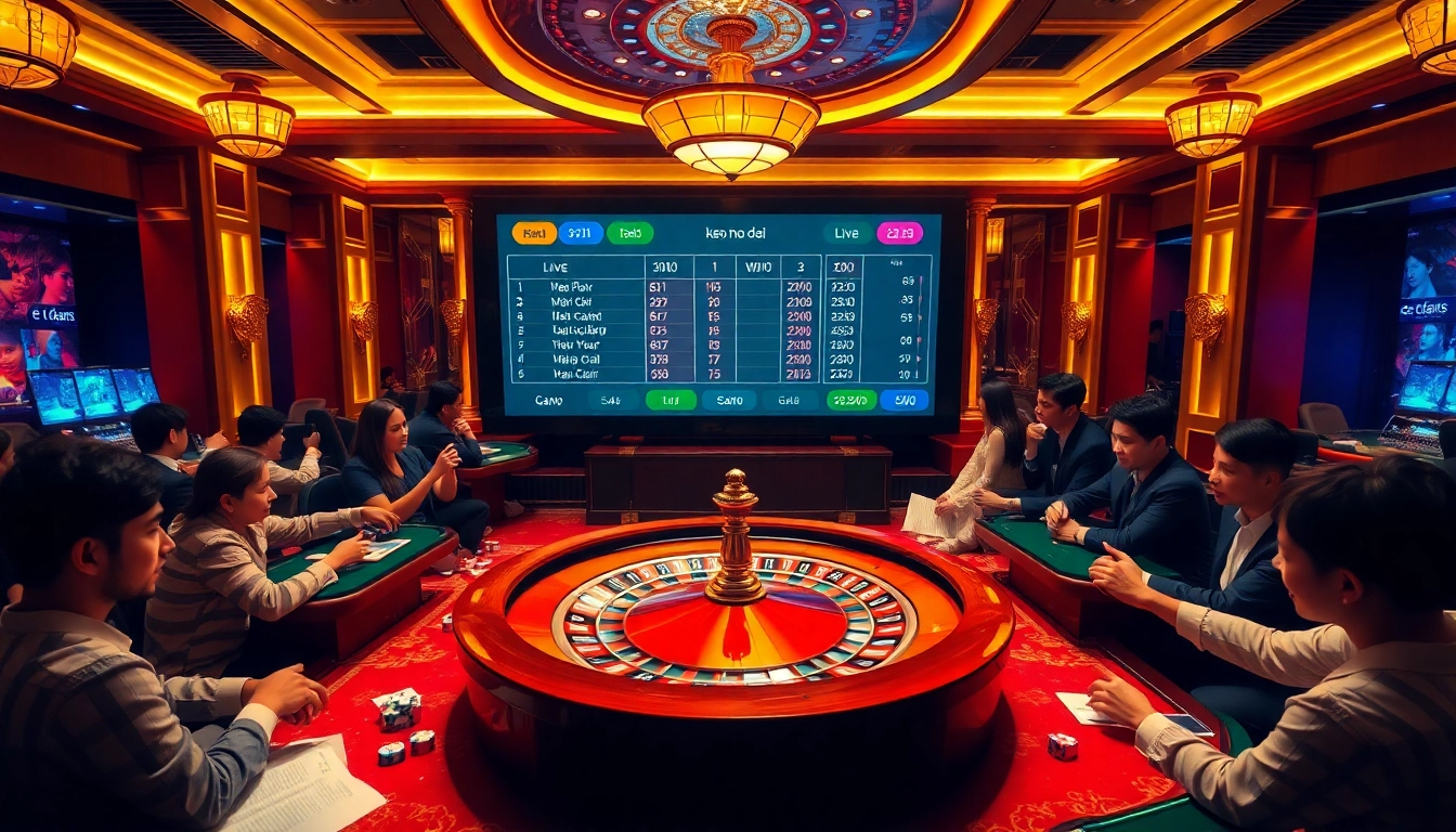 Engaged gamblers placing bets on keo nha cai with roulette, poker chips, and betting slips.