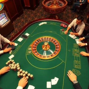 KJC casino scene showcasing high-stakes poker table with vibrant chips and players engaged in a thrilling game.