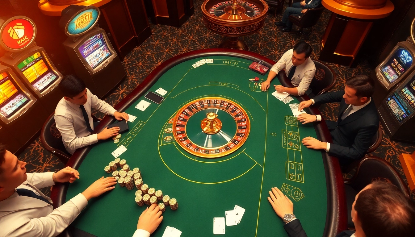 KJC casino scene showcasing high-stakes poker table with vibrant chips and players engaged in a thrilling game.