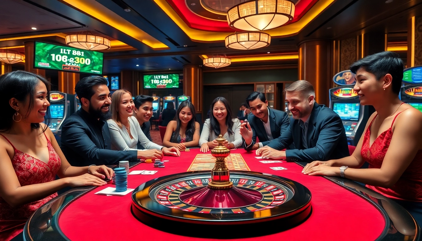 Players enjoying a thrilling game at a luxurious TG88 casino table, surrounded by vibrant chips and cards.