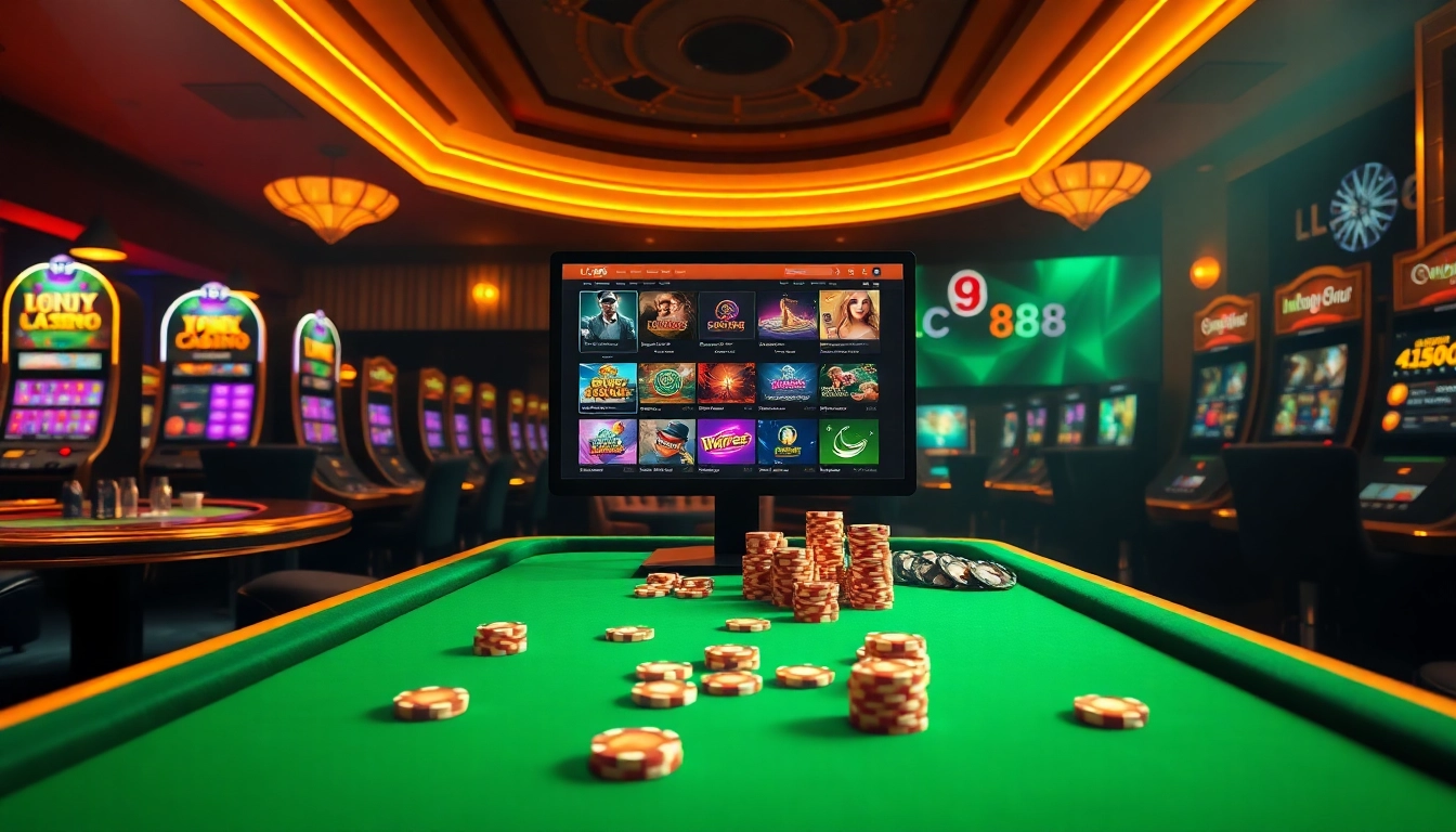 Engaging players at LC88 online casino with vibrant slot machines and poker tables.