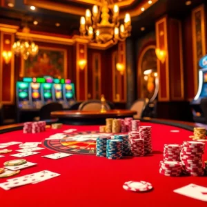 Engage in the luxury of mb66 casino poker with vibrant chips and a high-stakes atmosphere.