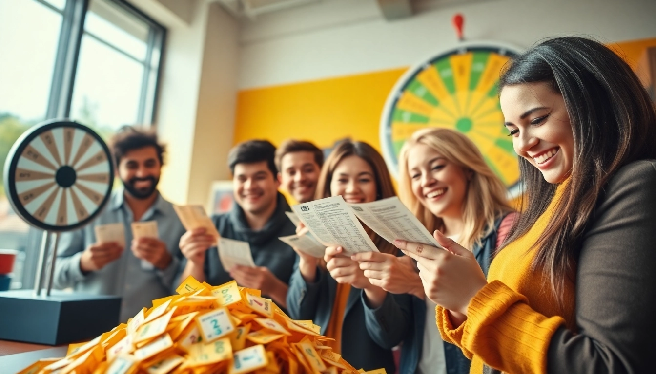 Excited participants enjoying the thrill of the 92 Lottery Club with lottery tickets in hand, showcasing community and opportunity.