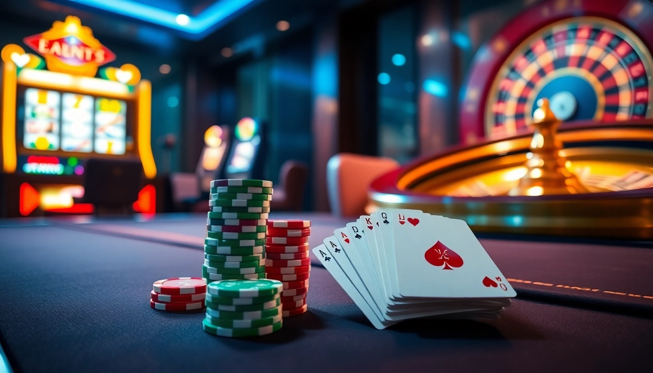 Experience the thrill of gaming at https://xx88.se.net/, surrounded by luxurious casino elements including cards and chips.