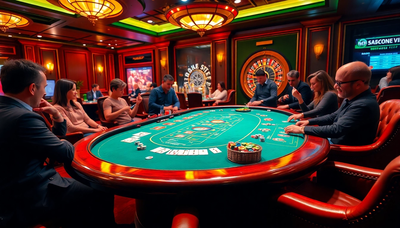 Experience excitement at https://lc88.video/ with a vibrant poker table scene in a luxurious casino.