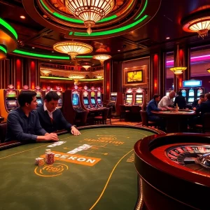 Engaging players at a glamorous 789P casino with poker, roulette, and slotted machines.