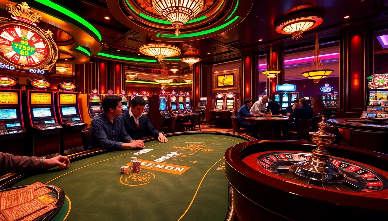 Engaging players at a glamorous 789P casino with poker, roulette, and slotted machines.