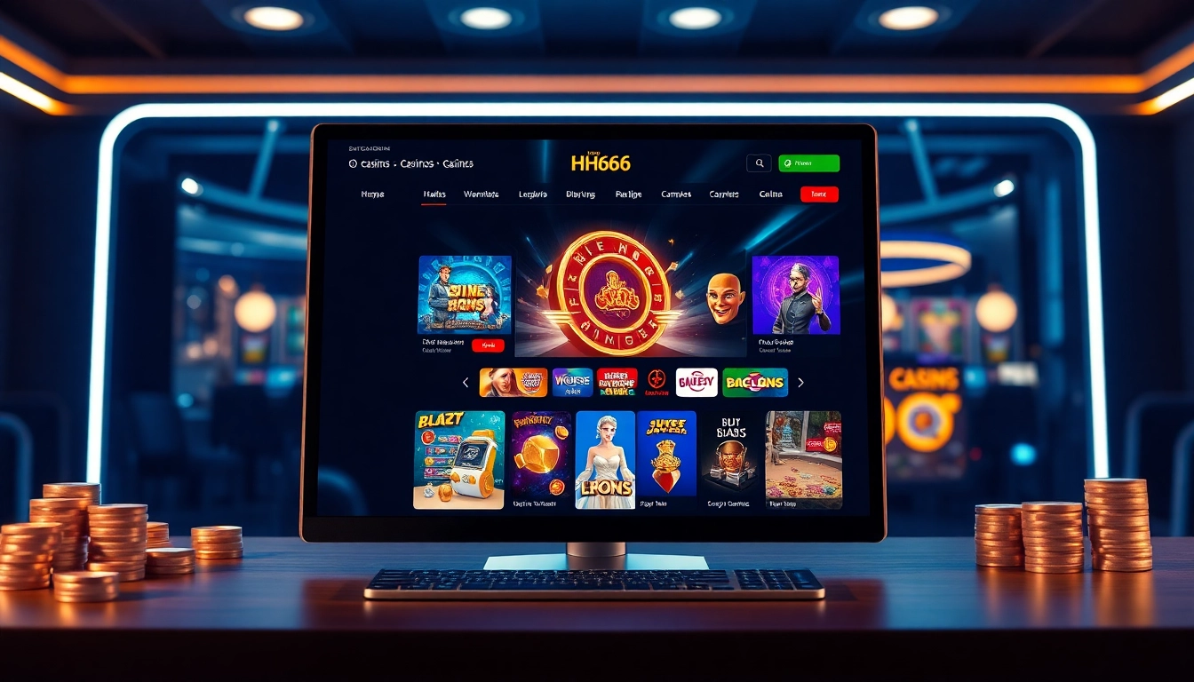 Vibrant HH666 online casino interface showcasing diverse games and live dealers.