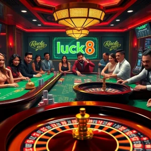 Exciting casino scene featuring luck8 logo with poker tables and roulette wheel.