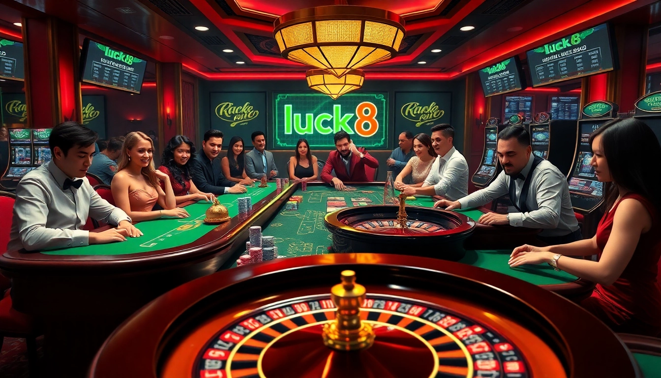 Exciting casino scene featuring luck8 logo with poker tables and roulette wheel.