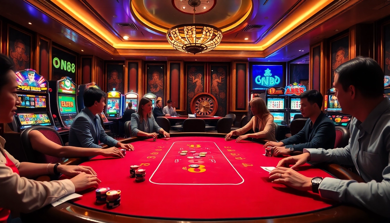 Engaging scene of dn88 with gamblers at a poker table and vibrant slot machines.